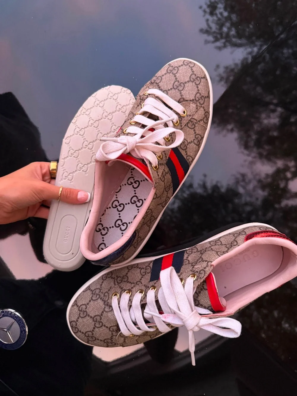 Gucci Beige GG Supreme Sneakers with Red & Blue Web Stripe